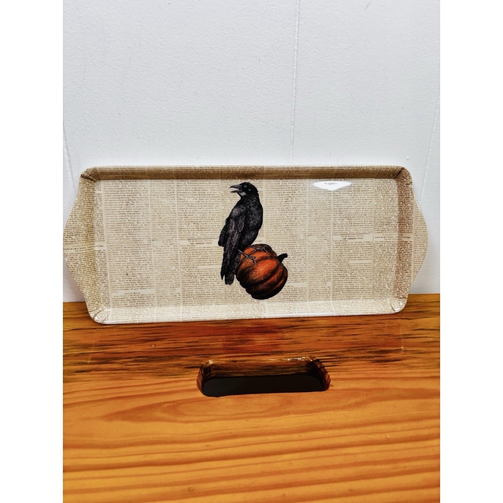 Rachel Zoe Vintage Style Halloween Pumpkin Crow Newspaper Melamine Tray 15"x6.5"